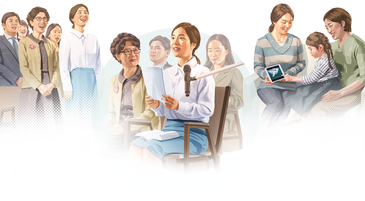 ပုံ။ က။ ကျမ်းစာလေ့လာနေတဲ့ အမျိုးသမီးတစ်ဦး ဘုရားသခင်ကို နည်းမှန်လမ်းကျ ဝတ်ပြုနိုင်ပုံအကြောင်း သင်ယူနေ။ ၁။ အစည်းအဝေးမှာ ဘုရားသခင်ကို ချီးမွမ်းသီချင်းဆိုနေ။ ၂။ အစည်းအဝေးမှာ မှတ်ချက်ပေးနေ။ ၃။ သားအမိနှစ်ယောက်ကို ကျမ်းစာဗီဒီယို ပြနေ။