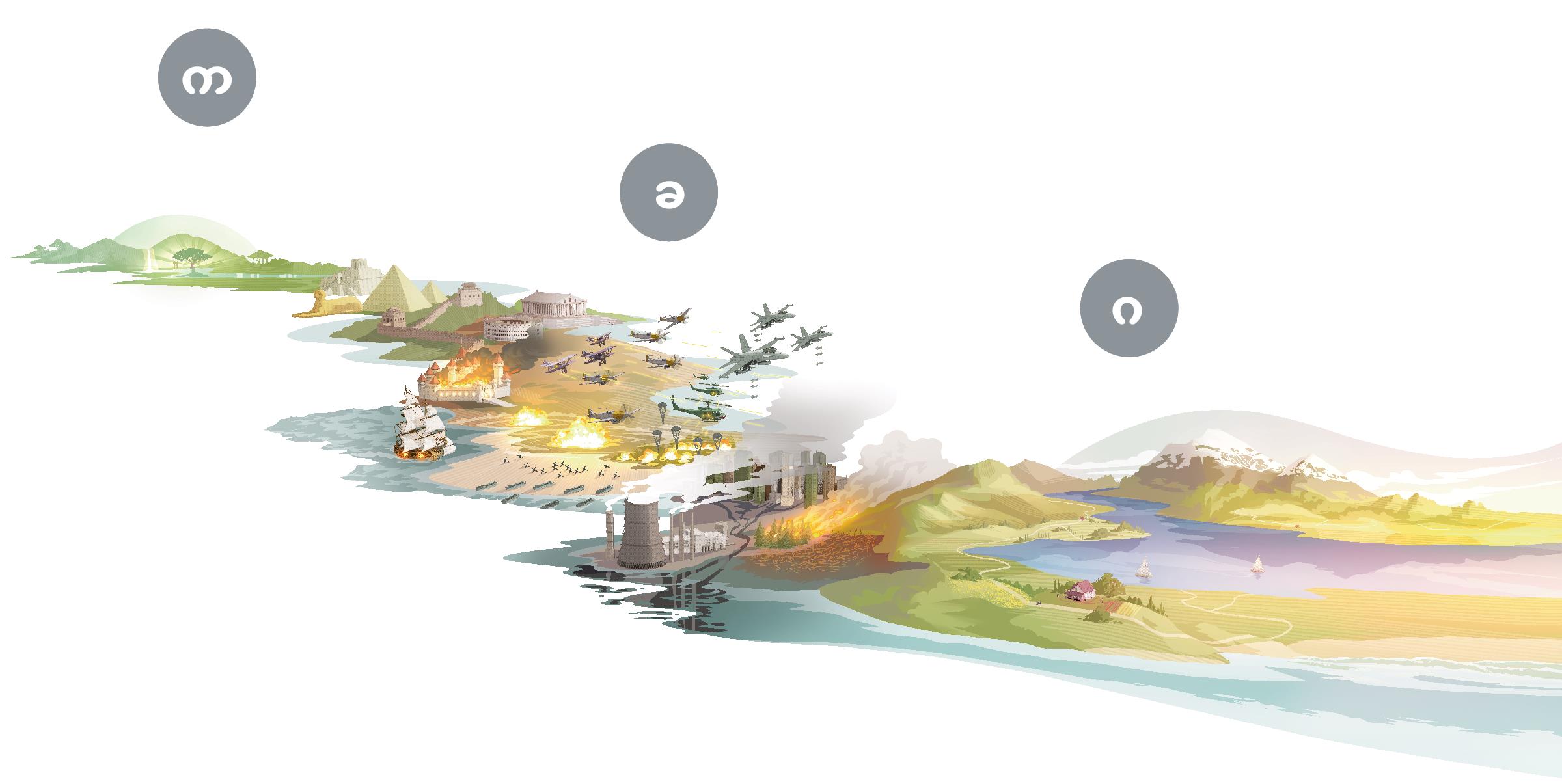 ပုံ။ ဖန်ဆင်းပြီးစ ကမ္ဘာမြေကနေ လာမယ့် ပရဒိသုအခြေအနေ မြင်ကွင်းများ။ က။ သစ်ပင်တွေနဲ့ စိမ်းစိုနေတဲ့ မြေကြီးပရဒိသု။ ခ။ ရာစုနှစ်တစ်လျှောက် လူ့အုပ်စိုးရှင်အသီးသီးကြောင့် ဒီကမ္ဘာပေါ်မှာ မှားယွင်းတဲ့ဘာသာ၊ ကွဲပြားမှု၊ စစ်ပွဲ၊ ညစ်ညမ်းမှုတွေ ပြည့်နေ။ အီဂျစ်၊ တရုတ်၊ ဂရိ၊ ရောမ၊ ဂရိတ်ဗြိတိန်၊ အမေရိကန်ပြည်ထောင်စု စတဲ့ တန်ခိုးအာဏာကြီးတဲ့ အစိုးရတချို့ရဲ့ပုံ။ ဂ။ ပရဒိသုပြန်ဖြစ်လာတဲ့ ကမ္ဘာပေါ်မှာ လူတွေ နေထိုင်ကြ။