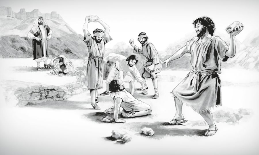 သတေဖန်ကို ခဲနဲ့ ပေါက်သတ်တာကို ရှောလု ကြည့်နေစဉ်