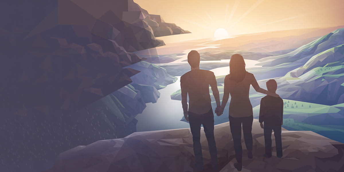 သာယာလှပတဲ့ မြစ်ဝှမ်းပေါ်က တောင်ထိပ်မှာ သားလေးနဲ့အတူ ရပ်နေတဲ့ ဇနီးမောင်နှံ။