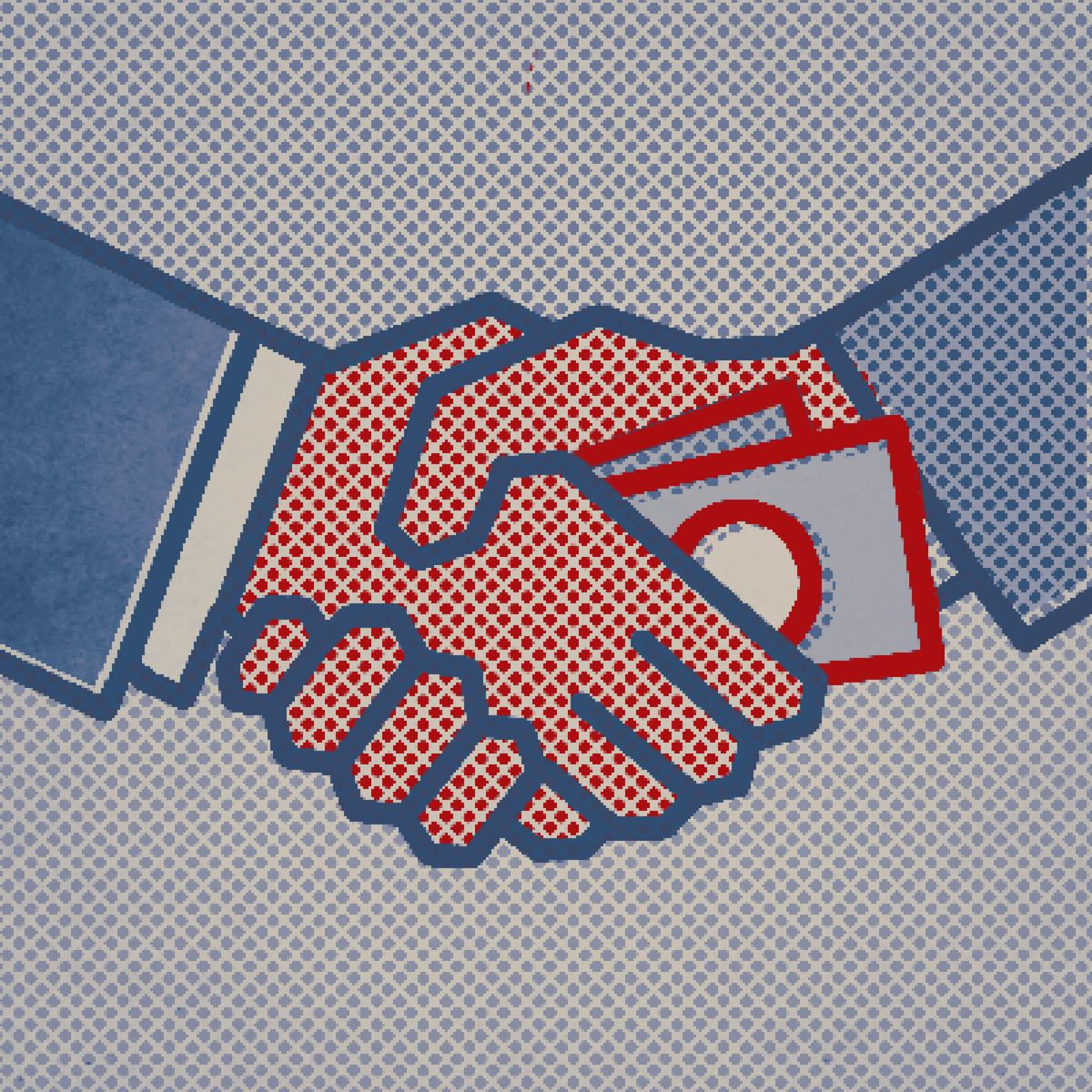 စီမံခန့်ခွဲရေးမှူးနှစ်ယောက် လက်ဆွဲနှုတ်ဆက်ပြီး ငွေအပေးအယူလုပ်နေကြ။