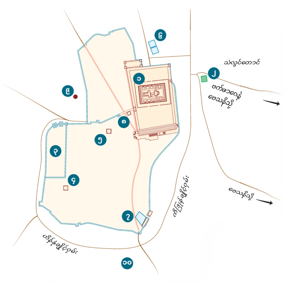 ဂျေရုဆလင်မြို့နဲ့ အနီးတစ်ဝိုက် ဒေသ မြေပုံ။ အတိအကျ သိတဲ့ နေရာတွေနဲ့ ဖြစ်နိုင်တဲ့ နေရာတွေကို ဖော်ပြထားတယ်။ ၁။ ဗိမာန်တော်။ ၂။ ဂေသရှေမန် ဥယျာဉ်။ ၃။ ဘုရင်ခံ နန်းတော်။ ၄။ ကယာဖရဲ့ စံအိမ်။ ၅။ ဟေရုဒ် အန္တိပရဲ့ စံနန်းတော်။ ၆။ ဗေသေသဒ ရေကန်။ ၇။ ရှိလောင် ရေကန်။ ၈။ ဂျူးတရားရုံးချုပ် ခန်းမ။ ၉။ ဂေါလဂေါသ။ ၁၀။ အကေလဒမ။