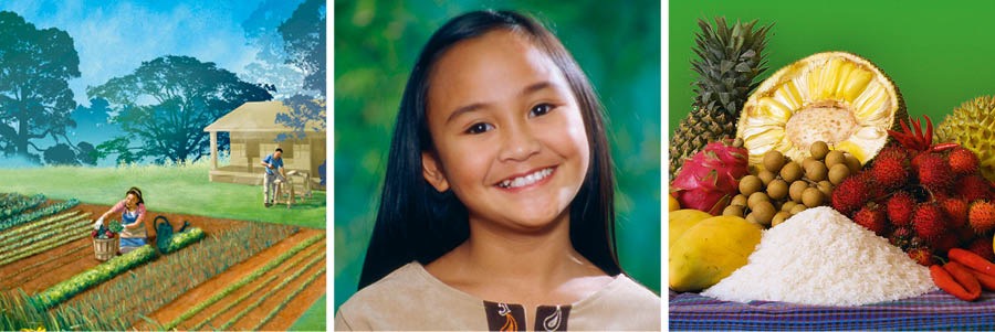 ဥယျာဉ်ခြံတစ်ခု။ ပြုံးနေတဲ့ မိန်းကလေး။ စားစရာမျိုးစုံ