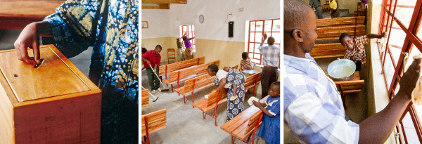 လူတစ်ယောက် အလှူငွေပုံးထဲ အလှူငွေထည့်နေ၊ လူတွေ နိုင်ငံတော်ခန်းမကို သန့်ရှင်းရေးလုပ်နေ