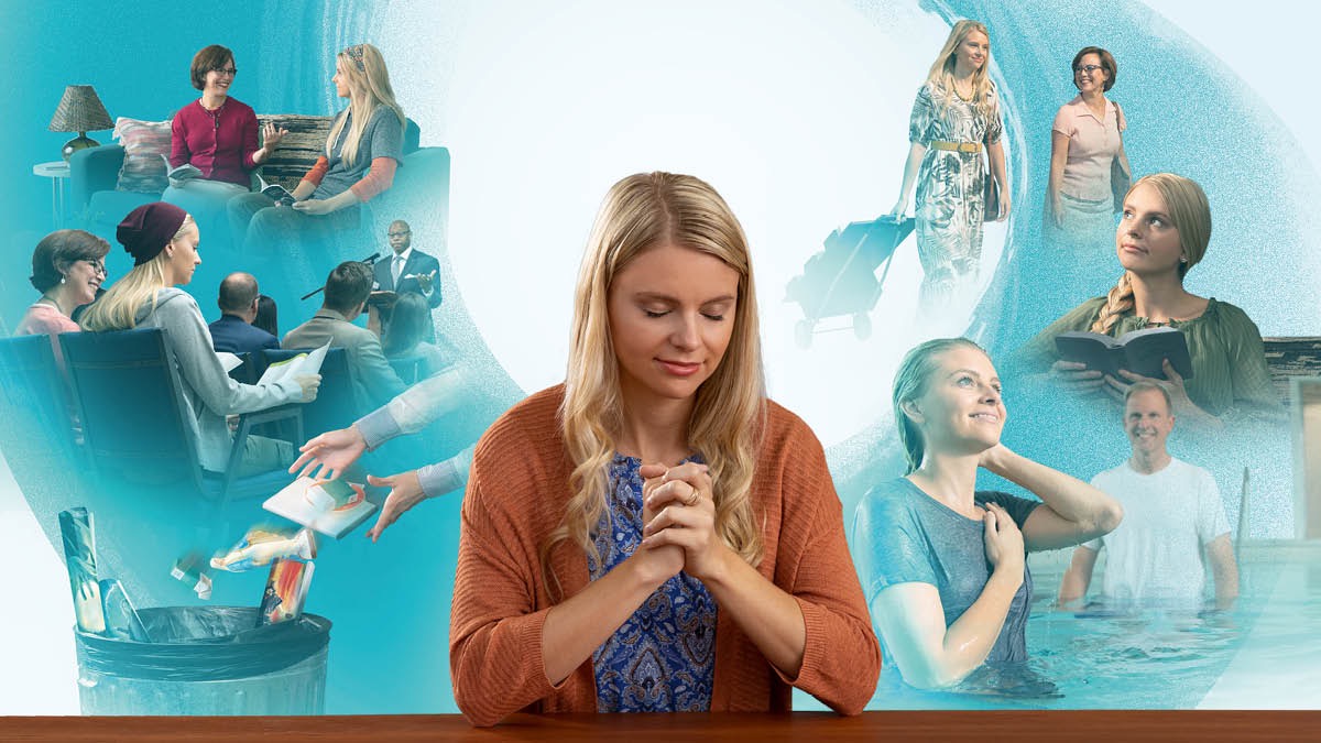 ပုံ– နှစ်ခြင်းခံဖို့ အမျိုးသမီးတစ်ယောက် လုပ်ဆောင်နေတဲ့ အဆင့်များ။ ၁။ ကျမ်းစာ လေ့လာနေ။ ၂။ ဖိုသီဖတ်သီ အဝတ်အစားနဲ့ အစည်းအဝေး လာတက်။ ၃။ စီးကရက်၊ ဘာသာရေး ရုပ်တု၊ နတ်ဆိုးနဲ့ ဆက်နွှယ်တဲ့ ပုံတွေကို အမှိုက်ပုံးထဲ စွန့်ပစ်နေ။ ၄။ ယေဟောဝါဆီ ဆုတောင်းပြီး ဆက်ကပ်အပ်နှံနေ။ ၅။ အများရှေ့ သက်သေခံခြင်းမှာ ပါဝင်နေ။ ၆။ ကျမ်းစာဖတ်ပြီး တွေးတောဆင်ခြင်နေ။ ၇။ နှစ်ခြင်းခံ။