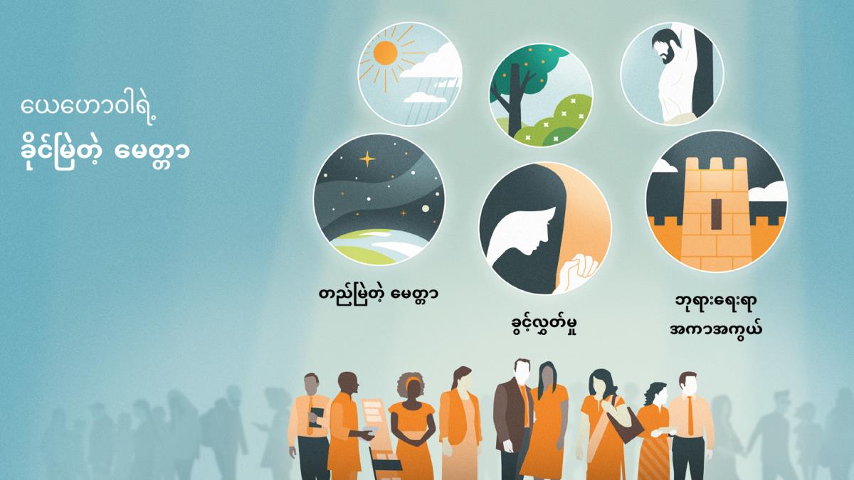 လူအားလုံးထဲမှာ ယေဟောဝါရဲ့ ကျေးကျွန်တွေကို အရောင်နဲ့ ပြထား။ ပုံ– ယေဟောဝါ မေတ္တာပြပုံများ။ ၁။ တည်မြဲတဲ့ မေတ္တာကို ကြယ်ရောင်စုံ ဝိုင်းရံနေတဲ့ ကမ္ဘာမြေနဲ့ ပုံဖော်ထား။ ၂။ ခွင့်လွှတ်မှုကို ညီအစ်မတစ်ယောက် ဆုတောင်းနေပုံနဲ့ ပုံဖော်ထား။ ၃။ ဘုရားရေးရာ အကာအကွယ်ကို ခံတပ်မြို့ရိုးပုံနဲ့ ပုံဖော်ထား။ ၄။ နေနဲ့ မိုး။ ၅။ သစ်ပင်ပန်းပင်များ။ ၆။ ရွေးဖိုး။