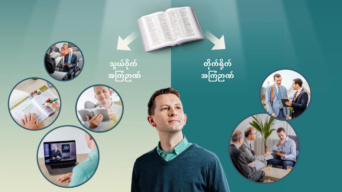 ပုံ– အကြံဉာဏ် ရနိုင်တဲ့ နည်းအမျိုးမျိုးကို ညီအစ်ကိုတစ်ယောက် စဉ်းစားနေ။ အပေါ်မှာ ဖွင့်ထားတဲ့ ကျမ်းစာက တိုက်ရိုက် အကြံဉာဏ်၊ သွယ်ဝိုက် အကြံဉာဏ် ရနိုင်တဲ့ နည်းတွေကို ဖော်ပြ။ ၁။ သွယ်ဝိုက် အကြံဉာဏ်– ညီအစ်ကို အသင်းတော် အစည်းအဝေး တက်နေ။ ကျမ်းစာ ဖတ်နေ။ JW ရုပ်သံ ကြည့်နေ။ ကျမ်းစာစာပေ လေ့လာနေ။ ၂။ တိုက်ရိုက် အကြံဉာဏ်– နောက်ညီအစ်ကိုတစ်ယောက် စကားပြောတာကို ညီအစ်ကို နားထောင်နေ။ အဲဒီညီအစ်ကိုက တက်ဘလက်ကနေ တစ်ခုခု ပြနေ။ ညီအစ်ကိုနှစ်ယောက် သူ့ကို သိုးထိန်းလည်ပတ်မှု လုပ်နေ။