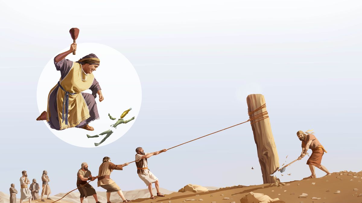 ကိုးကွယ်ရာသစ်တိုင်ကို လူအများရှေ့မှာ အစ္စရေးတွေ ခုတ်လှဲနေ။ ရုပ်ပုံငယ်– ရုပ်တုကို အမျိုးသမီးတစ်ယောက် အစိတ်စိတ်အမြွှာမြွှာ ဖြစ်အောင် ရိုက်ခွဲနေ။