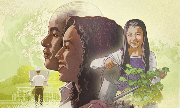A man and a woman look optimistically toward the future; a young girl waters plants; construction workers build a home