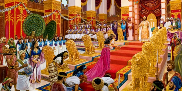 The queen of Sheba approaches King Solomon’s throne