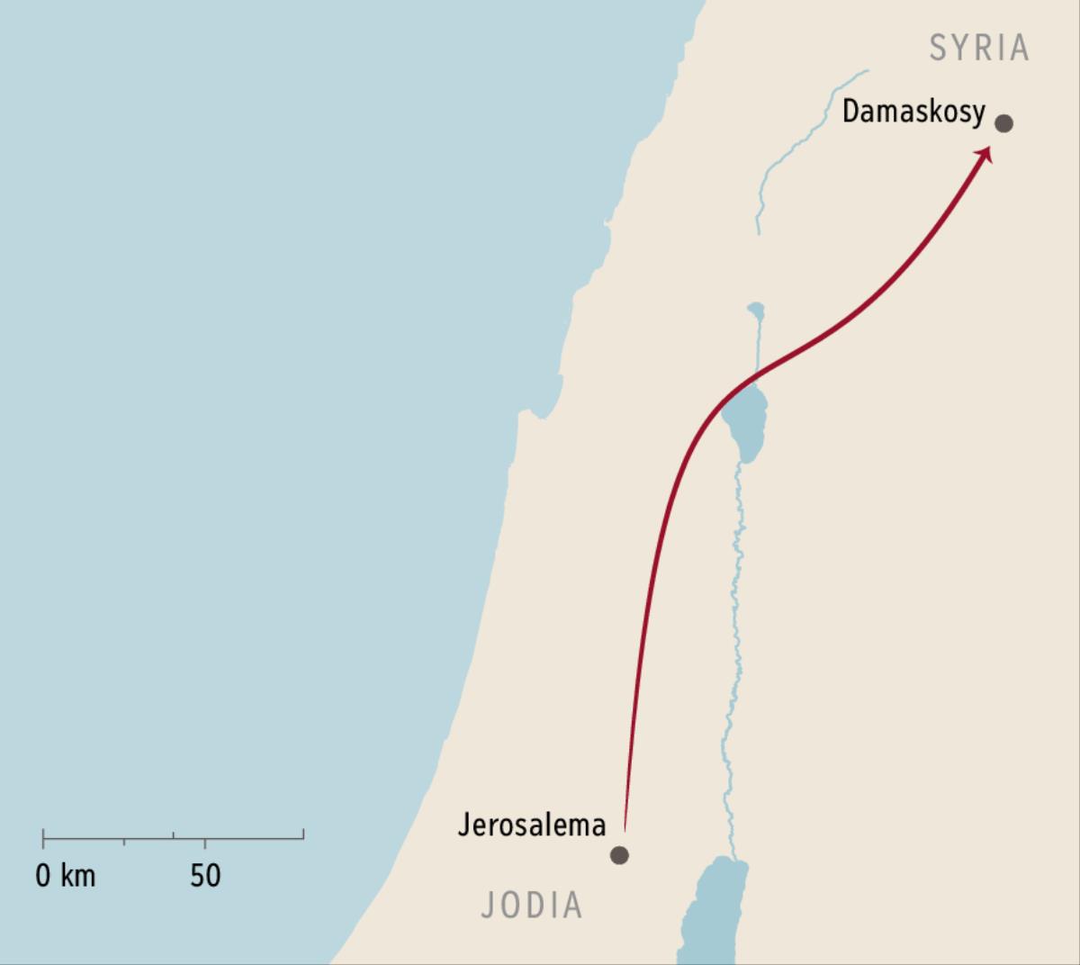 A map showing Damascus and Jerusalem