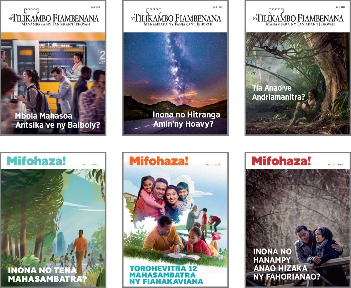 Collage: Cover subjects for ‘The Watchtower’ and ‘Awake!’ in 2018. 1. ‘Is the Bible Still Relevant Today?’ 2. ‘What Does the Future Hold?’ 3. ‘Does God Care About You?’ 4. ‘The Way of Happiness.’ 5. ‘12 Secrets of Successful Families.’ 6. ‘Help for Those Who Grieve.’