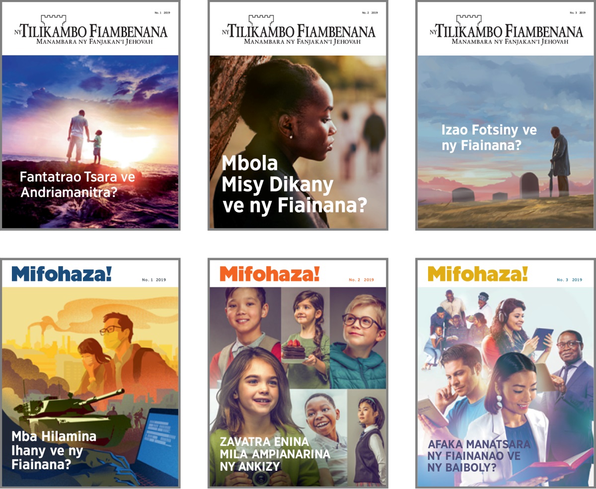 Collage: Cover subjects for ‘The Watchtower’ and ‘Awake!’ in 2019. 1. ‘Who Is God?’ 2. ‘Is Life Worth Living?’ 3. ‘Is This Life All There Is?’ 4. ‘Will We Ever Feel Safe and Secure?’ 5. ‘Six Lessons Children Need to Learn.’ 6. ‘Can the Bible Make Your Life Better?’