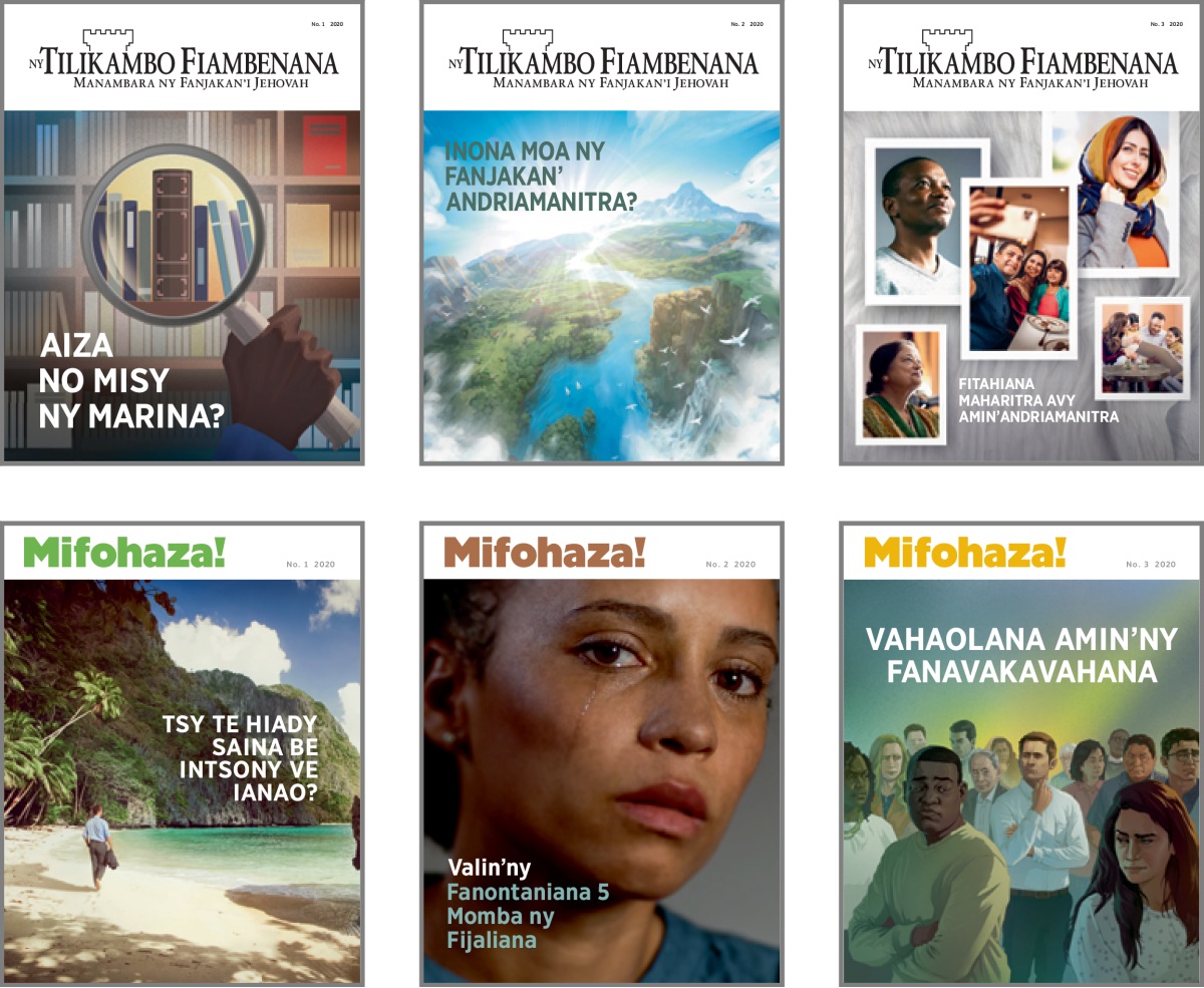Collage: Cover subjects for ‘The Watchtower’ and ‘Awake!’ in 2020. 1. ‘The Search for Truth.’ 2. ‘What Is God’s Kingdom?’ 3. ‘Lasting Blessings From a Loving God.’ 4. ‘Find Relief From Stress.’ 5. ‘5 Questions About Suffering Answered.’ 6. ‘Is There a Cure for Prejudice?’