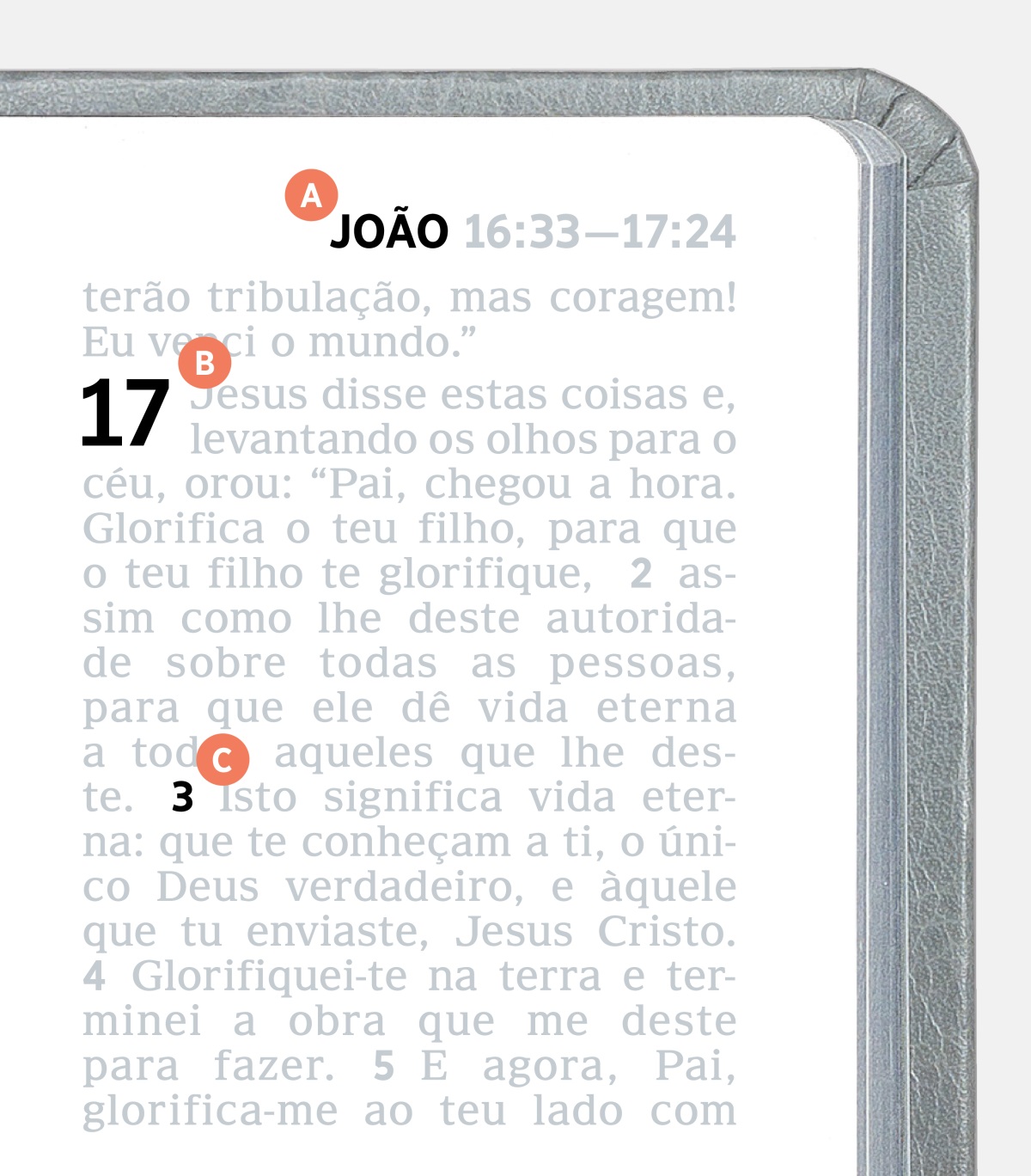 Letras A, B e C numa página da Bíblia.