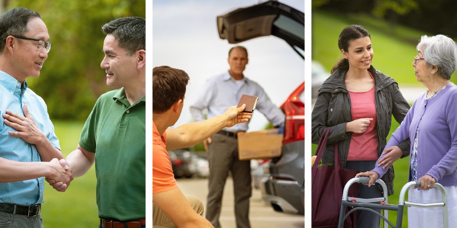A young man greets an older man; a young man returns a lost wallet; a young woman assists an older woman using a walker