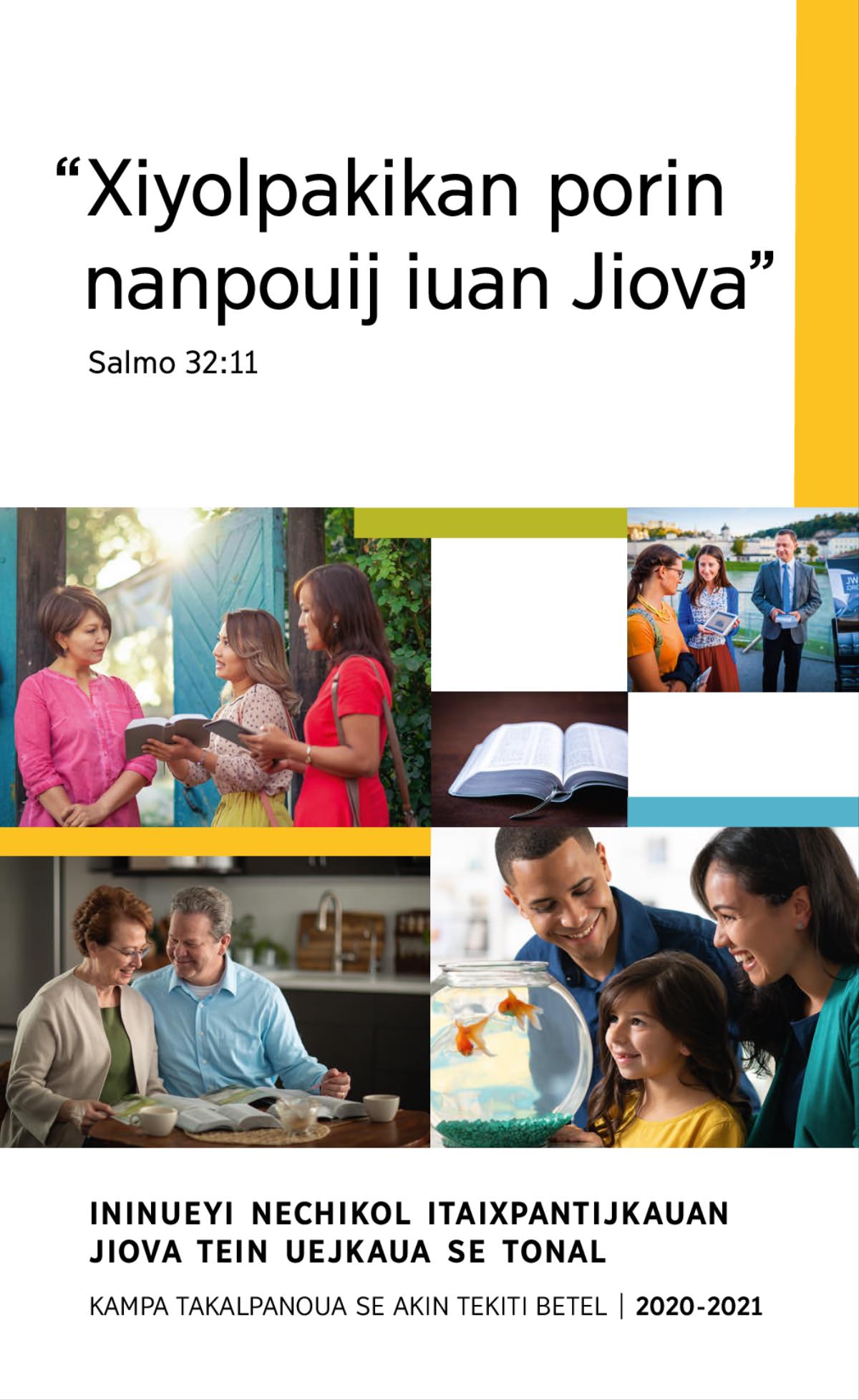 Taixkopimej: 1. Se kalyetouanij akin yolpakij kinitaj seki amichimej itech se pecera. 2. Ikaltenoj se siuat, ome itaixpantijkauan Jiova kimelauiliaj se texto itech Biblia. 3. Se tokniuj iuan inamik momachtiaj Biblia ika amaixmej. 4. Se Biblia tapotok. 5. Se tokniuj iuan inamik kinextiliaj se video se siuat kampa miakej panouaj.