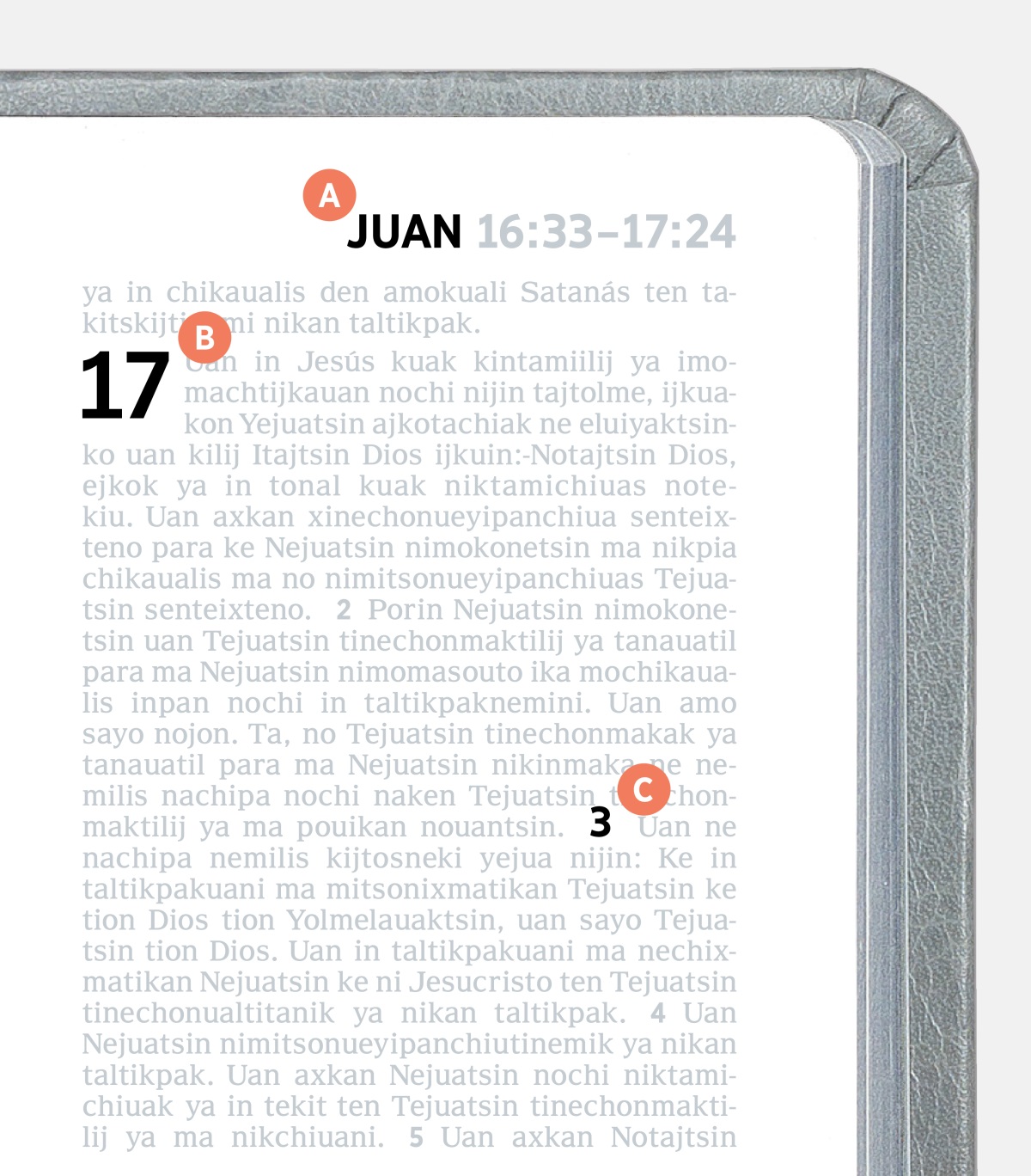 Etiquetas tein kinextiaj toni kipiaj A, B uan C itech se página itech Biblia.