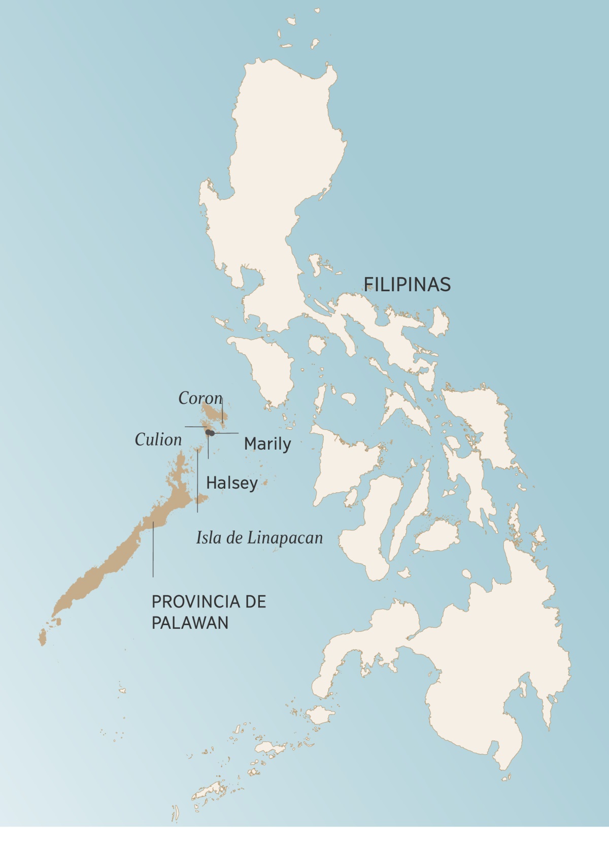 Mapa de Palawan (Filipinas) kampa nesij seki xolalmej kampa tapaleuijkej Angelito uan ichankauan: Coron, Culion, Halsey, Marily uan isla de Linapacan.