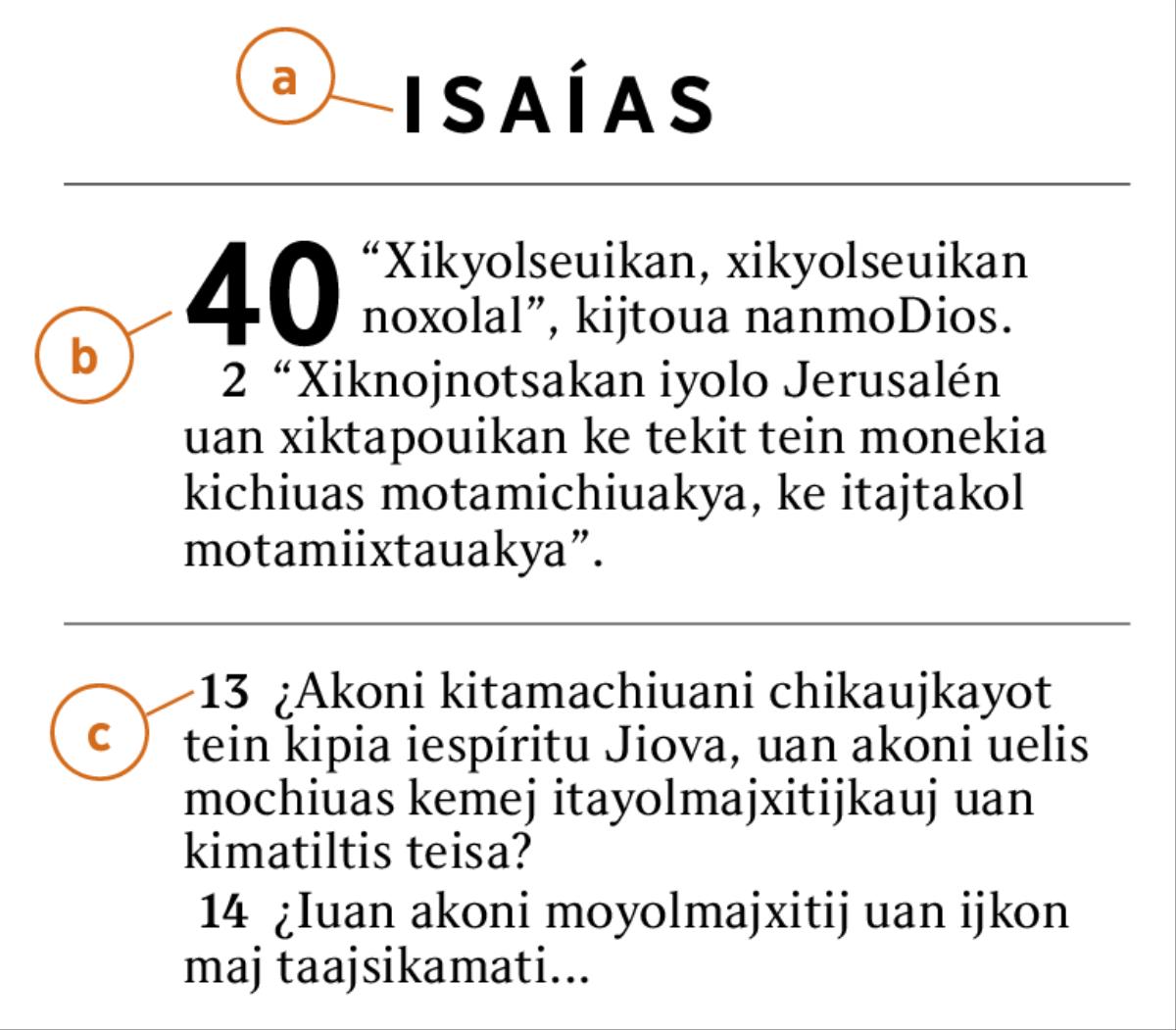 Se tajkuilol itech Biblia tein kinextia keniuj se kiajsis a) amatajkuilol, b) capítulo uan c) versículo