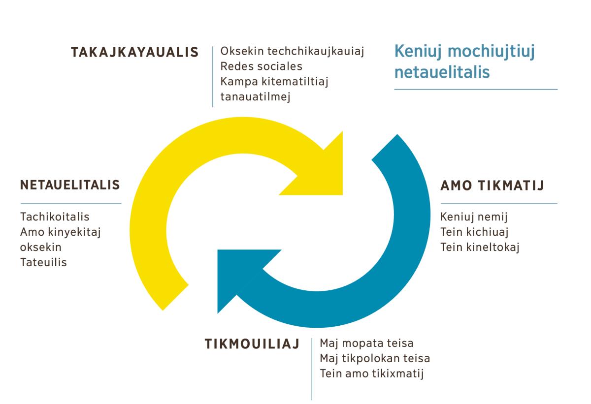 Se diagrama youaltik ika flechas tein kinextia keniuj mochiujtiuj netauelitalis. 1. Takajkayaualis ualeua itech redes sociales, kampa kitematiltiaj tanauatilmej uan keman techchikaujkauiaj oksekin. 2. Amo tikmatij keniuj nemij, tein kichiuaj uan tein kineltokaj. 3. Tikmouiliaj maj mopata teisa, maj tikpolokan teisa, tein amo tikixmatij. 4. Netauelitalis kichiua maj onka tachikoitalis, maj amo kinyekitakan oksekin uan tateuilis.