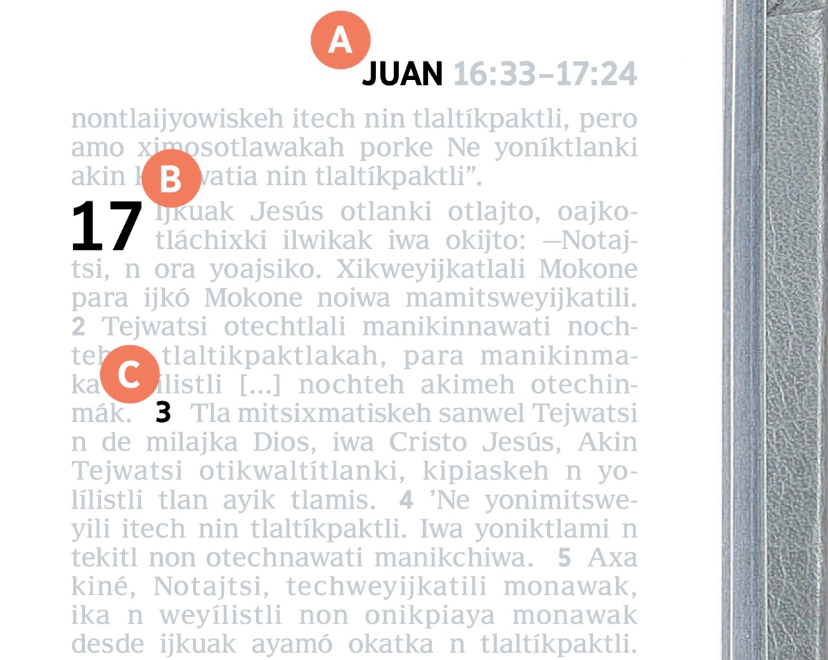 Nin kiteititia tlen kijtosneki A, B uan C itech se página tlen kipia Biblia.