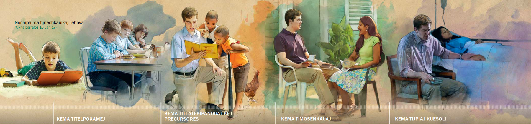 Se telpochtli okachi kuali mouika iuan Jehová: 1. Ijkuak momachtijtok; 2. Ijkuak nochipa kitekichiuilia Jehová; 3. Ijkuak yikipia inamik; 4. Axkan