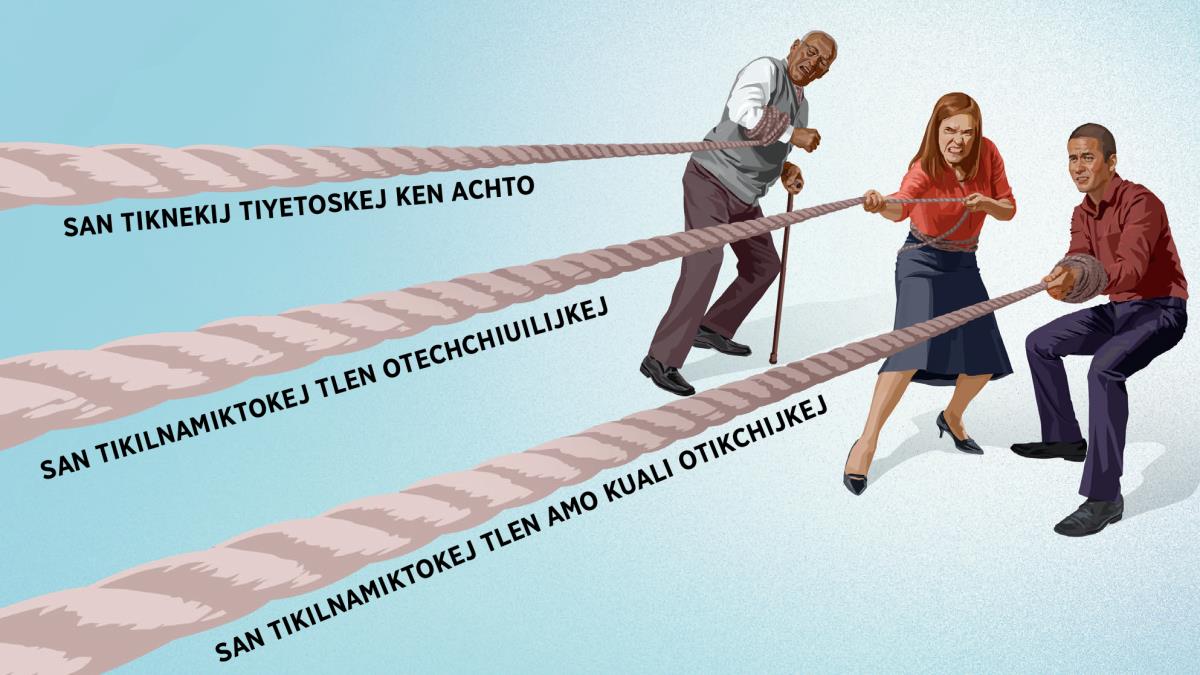 Mota eyi mekatl kanin kijtoua: “San tiknekij tiyetoskej ken achto”, “san tikilnamiktokej tlen otechchiuilijkej” uan “san tikilnamiktokej tlen amo kuali otikchijkej”. Se tokni tlen yikipia miak xiuitl, se tokni siuatl uan se telpochtli kitilantokej sejse mekatl.