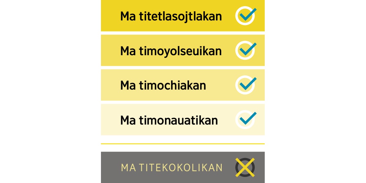 Nikan ijkuilitok ken moneki tikpiaskej tonemilis (ma titetlasojtlakan, ma timoyolseuikan, ma timochiakan uan ma timonauatikan) pero kiteititia amo kuali ma titekokolikan.