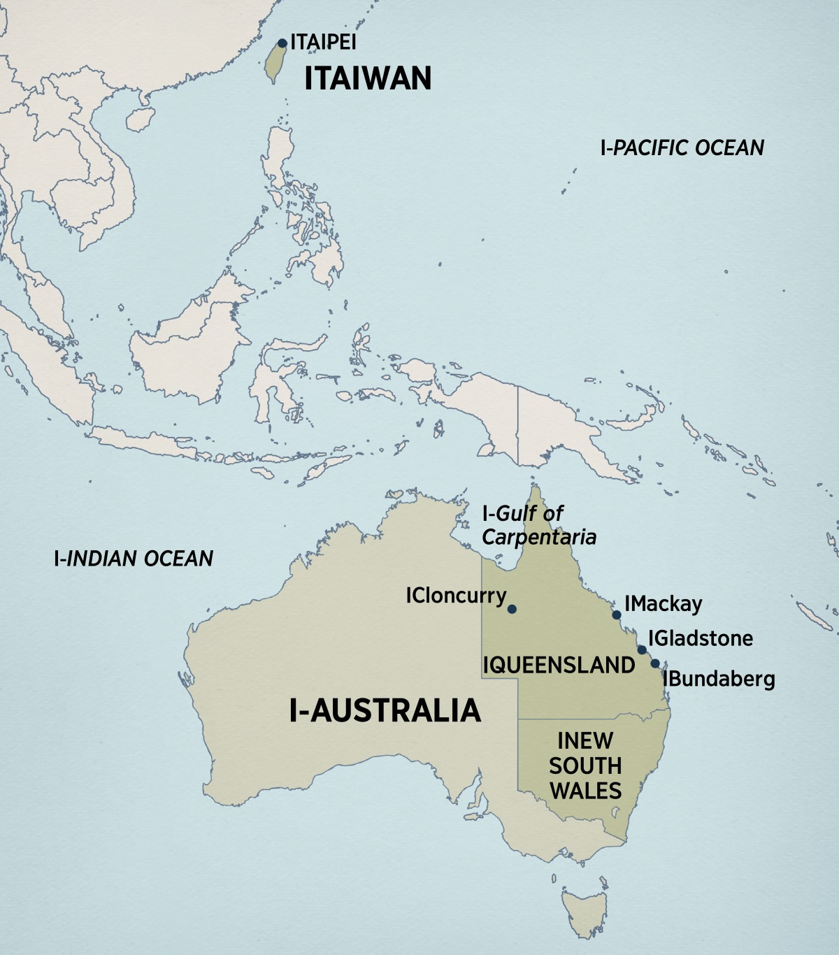 Imephu etshengisa izindawo ze-Australia lamazwe angomakhelwane ahlanganisa iSri Lanka, i-Indonesia, iPapua New Guinea, leTimor-Leste. Imephu le itshengisa izindawo ezisenyakatho ye-Australia lezabelo ezisentshonalanga ye-Australia, leQueensland, kanye leNew South Wales.