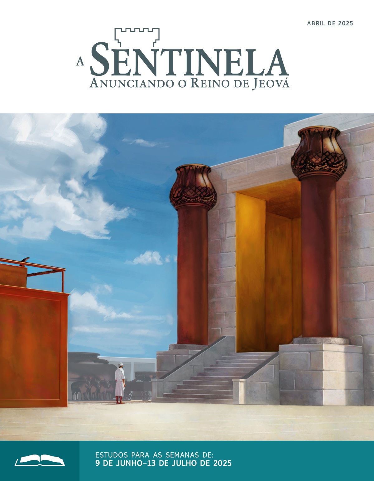 Um levita de pé entre o altar de cobre e o pórtico do templo.