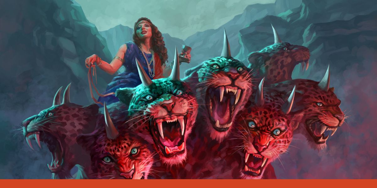 रातो रङ्‌गको जङ्‌गली जनावरमाथि सवार महावेश्‍या