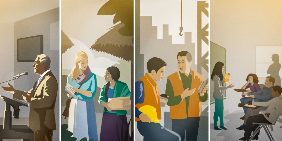 एक भाइ भाषण दिन्छन्‌; एउटी बहिनी प्रचार गर्छिन्‌; एक भाइ काम गर्ने ठाउँमा साक्षी दिन्छन्‌; कक्षा कोठामा एउटी किशोरीले प्रचार गर्छिन्‌