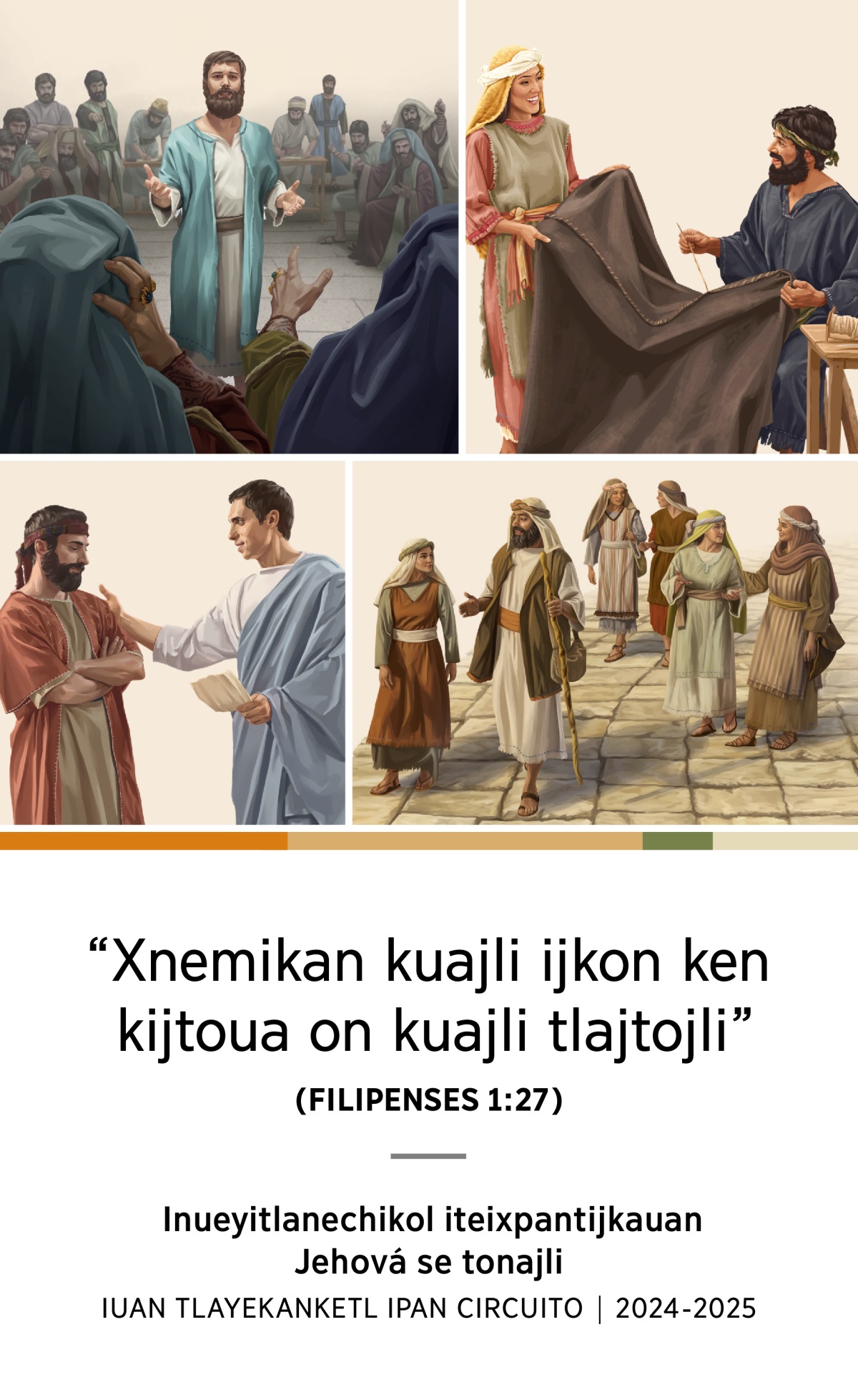 Tlaixkopinaltin: 1. Esteban kimanauiya itlaneltok ixpan Sanedrín. 2. Áquila niman Priscila kinchijchiuaj kaltsitsintin. 3. Felipe, isiuauj niman naui ichpochuan nejnentiuej ipan se ojtli. 4. Tito tlajtotika iuan se tlayekanketl.