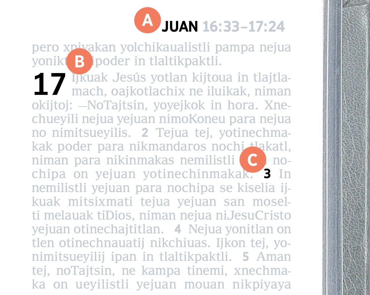 Letra A, B niman letra C tlen uajnestiuej ipan se ipágina Biblia.