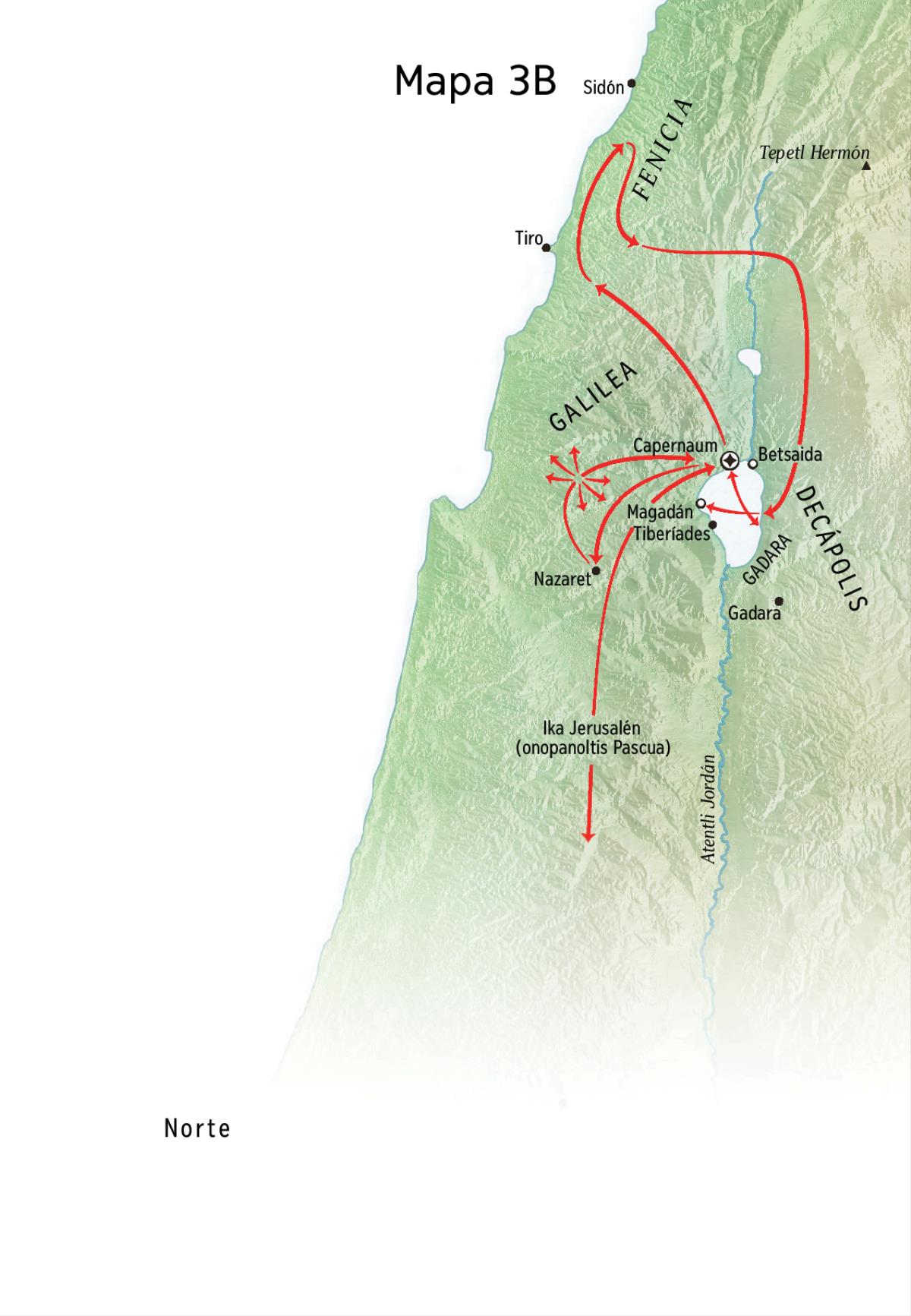 Mapa kampa nesi kanon otenojnots Jesús iyeualiujyan Galilea, Fenicia niman Decápolis