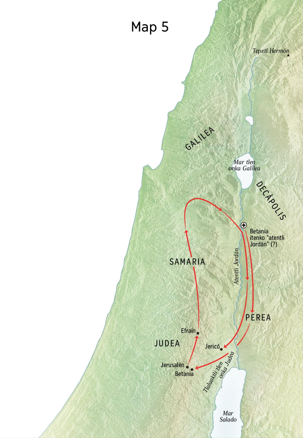 Mapa kampa nesi kanon okichiuj itekiyo Jesús ipan Betania, Jerico niman Perea