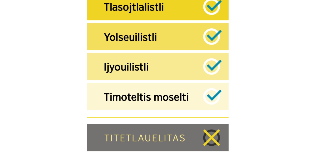 Se lista kampa nestokej seki kualneskayomej (tlasojtlalistli, yolseuilistli, ijyouilistli niman timoteltis moselti) se tlen xnoneki tikchiuas: titetlauelitas.