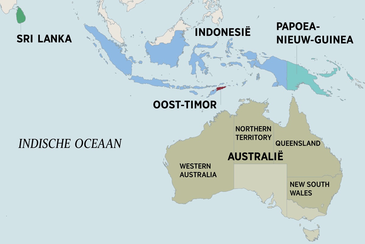Een kaart van Australië en buurlanden, waaronder Sri Lanka, Indonesië, Papoea-Nieuw-Guinea en Oost-Timor. Op de kaart van Australië staan ook het Northern Territory en de staten Western Australia, Queensland en New South Wales.