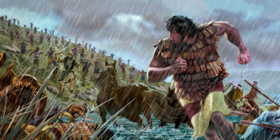 Barak en zijn mannen die van de berg Tabor afstormen en Sisera’s leger wegjagen