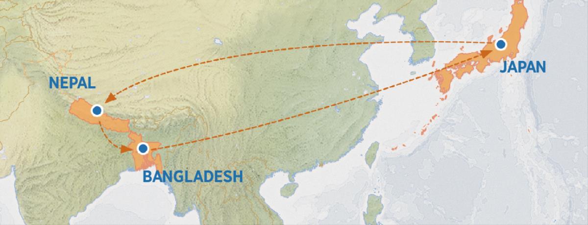 Een kaart met een route van Japan naar Nepal, dan Bangladesh en weer terug naar Japan