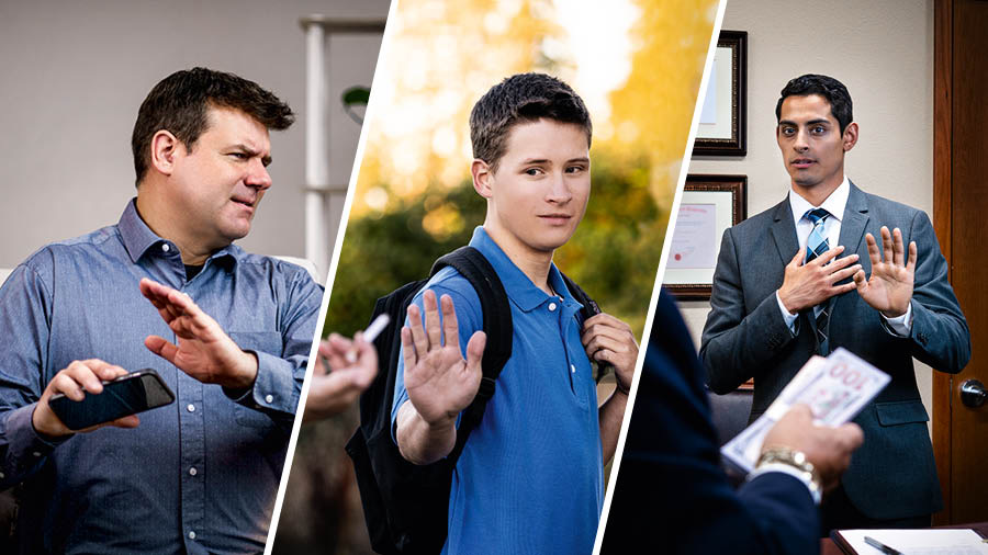 Collage: 1. Een broeder kijkt weg van zijn smartphone. 2. Een jonge broeder wijst de sigaret af die hem wordt aangeboden. 3. Een broeder weigert smeergeld aan te nemen.