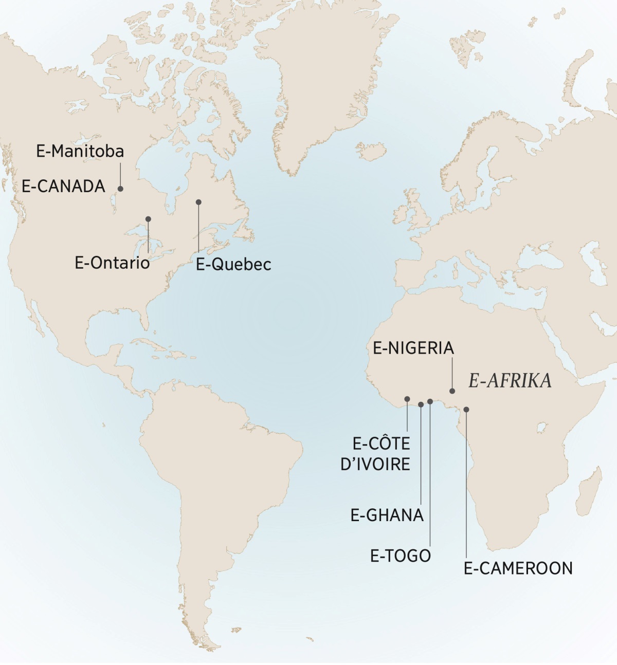 Umebhe otjengisa iindawo u-⁠André ebekahlala begodu alotjha kizo: E-⁠Manitoba, e-⁠Ontario, ne-Quebec, e-⁠Canada; e-⁠Cameroon, e-⁠Côte d’Ivoire, e-⁠Ghana, e-⁠Nigeria, ne-Togo, e-⁠Afrika.