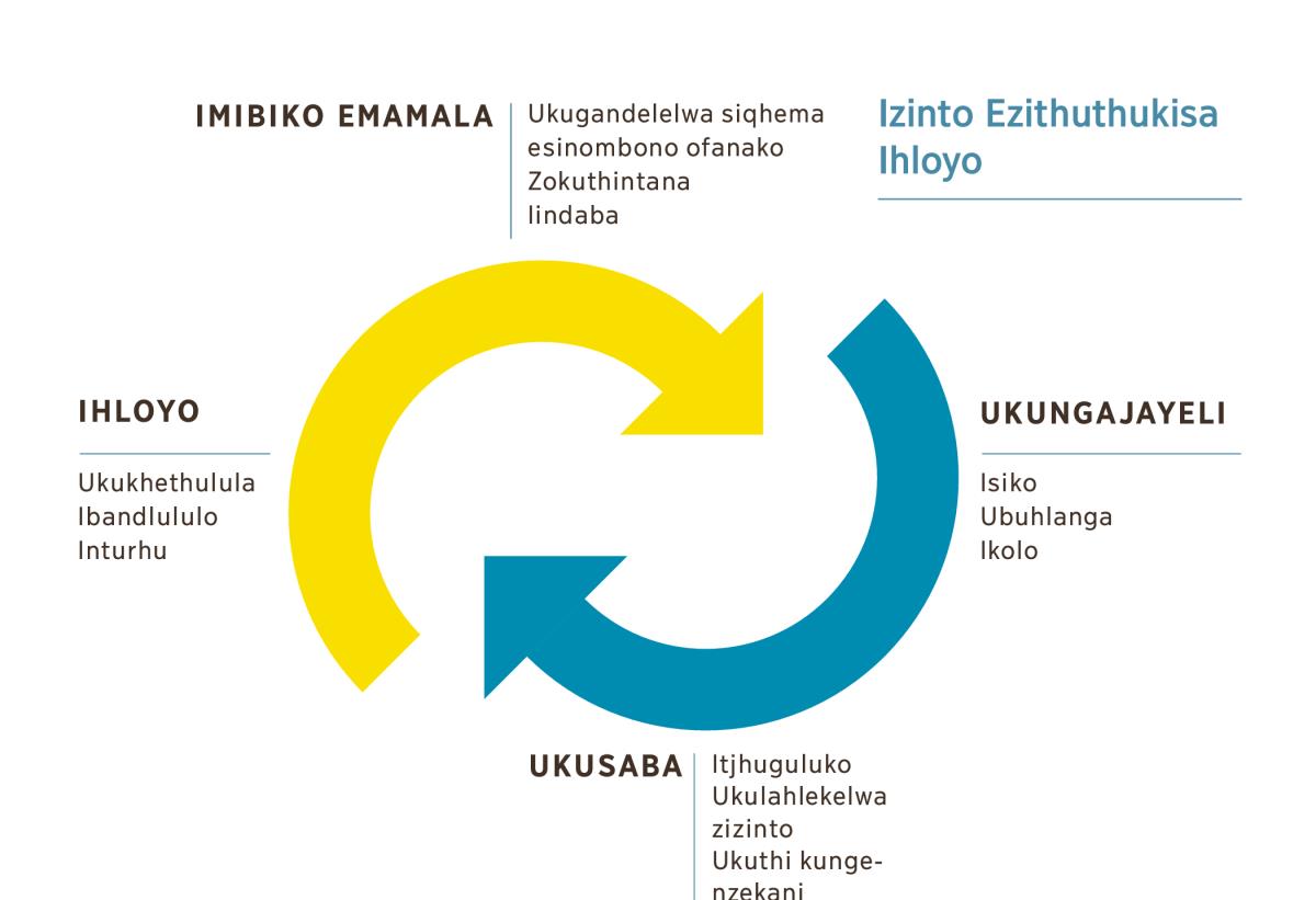 Umzombelezo otjengisa ukuthi ihloyo ikhamba njani. 1. Imibiko emamala, ukugandelelwa siqhema esinombono ofanako, zokuthintana, iindaba. 2. Ukungajayeli isiko, ubuhlanga namkha ikolo. 3. Ukusaba itjhuguluko, ukulahlekelwa zizinto namkha ukusaba ukuthi kungenzekani. 4. Ihloyo, ukukhethulula, ibandlululo nenturhu.