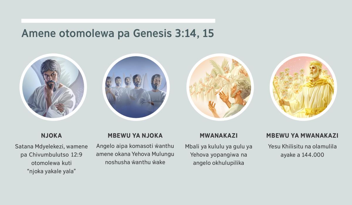 Chithunzi: “Amene otomolewa pa Genesis 3:14, 15.” 1. Njoka: Satana, wamene ni cholengewa chauzimu. 2. Mbewu ya njoka: volengewa vauzimu viipa. 3. Mwanakazi: volengewa vauzimu vokhulupilika. 4. Mbewu ya mwanakazi: Yesu Khilisitu na olamulila ayake ozozewa, mu ulemelelo wawo kululu. Vochitika vamene ivi vufotokozewasoti mu ndime 4, 5, 7, na 8.