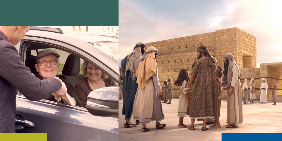 Collage: 1. An elderly couple sitting in their parked car. They are happily greeting a passerby. 2. A family in Bible times standing in the courtyard of the temple in Jerusalem.