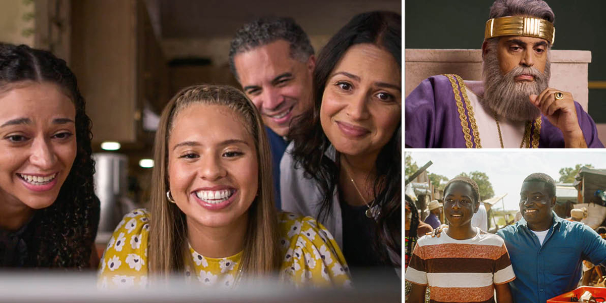 Collage: Highlights of Saturday’s program. 1. A family happily converses via videoconferencing. 2. A king reflects. 3. A father with his son at an outdoor market.