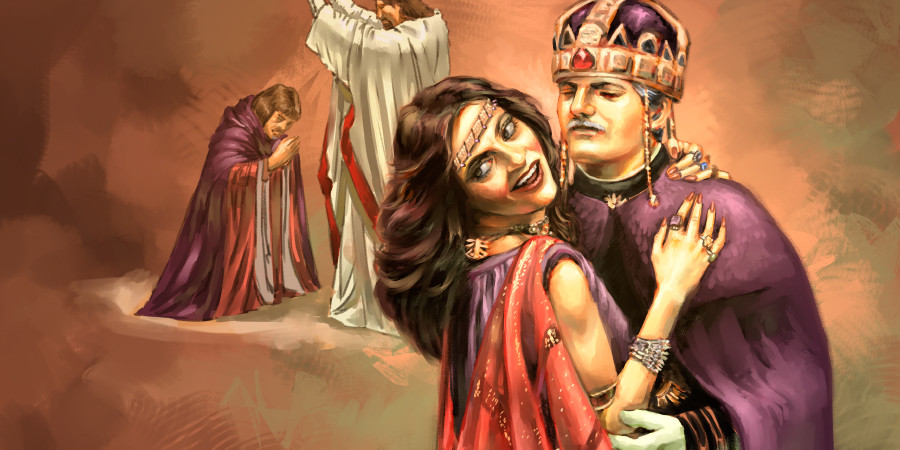 Babylon the Great depicted as a prostitute clothed in purple and scarlet