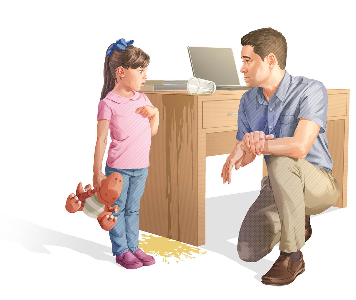 A child talking to her father who is kneeling at her eye level. A glass of juice has spilled down the side of a desk.