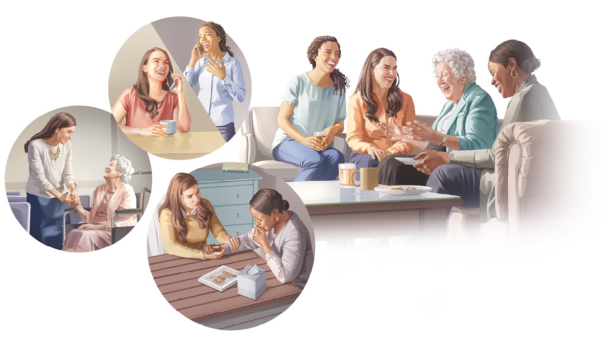 Collage: A young woman visiting with three of her close friends. 1. She talks with one of them on the telephone. 2. She talks with the older one at the Kingdom Hall. 3. She visits one of them who is grieving.